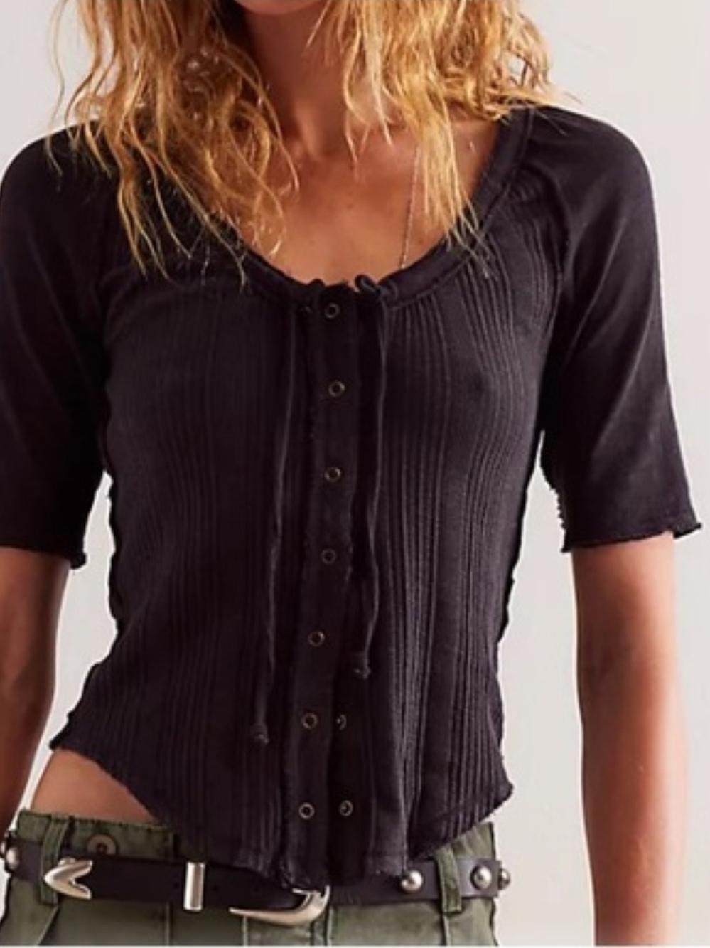 We The Free Black Ribbed Short-Sleeve Button Front Top